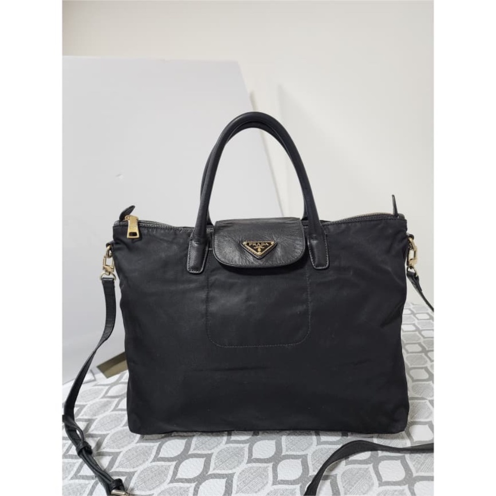 Authentic PRADA Tessuto Nylon & Saffiano Leather Tote Bag Black